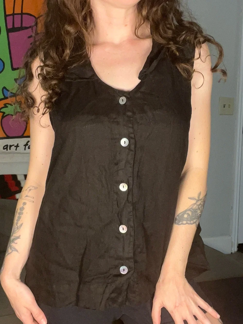 Cut Loose Sleeveless Black Linen Button Up Top Size Medium